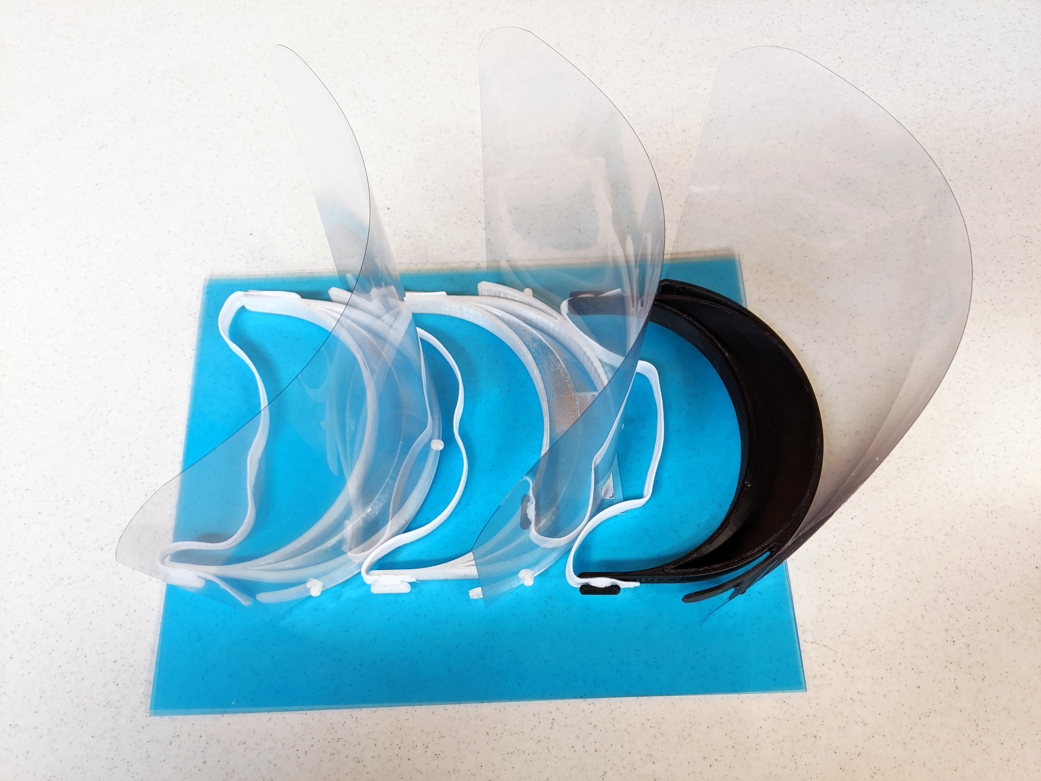 Fuly assembled face shields before shipping